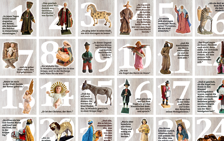 Auf unserem letztjährigen Adventkalender finden Sie das Weihnachtsevangelium, Satz für Satz mit Krippenfiguren ergänzt.