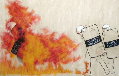 Nikola Markovic : Die Hüter der Flamme  „Entweder mehr Feuer ins Bild, oder das Bild ins Feuer“ - Mischtechnik auf Papier, je 100x70 cm