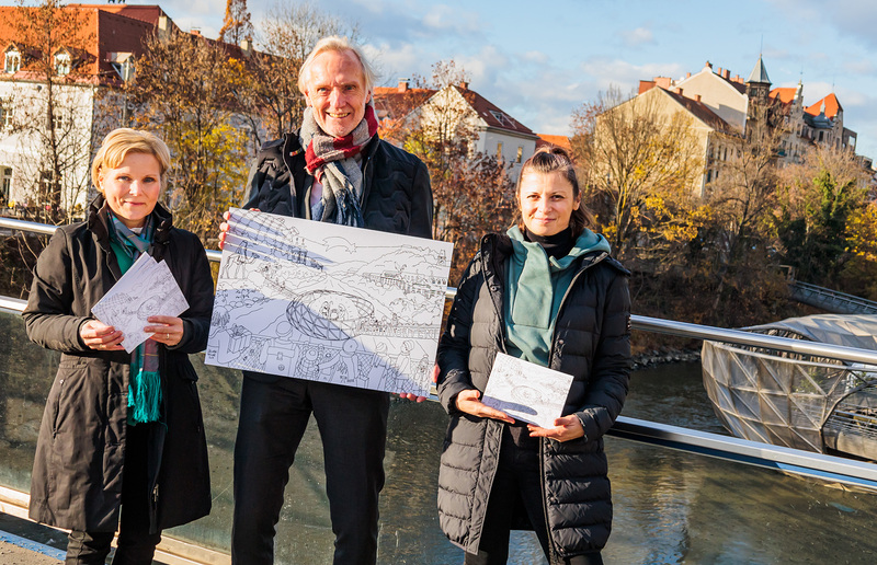 Neuhold/Sonntagsblatt Freuen sich über die neue Weihnachtsausmalkarte: Kulturreferentin Gertraud Schaller-Pressler, Wirtschaftsstadtrat Günther Riegler und Citymanagerin Verena Hölzlsauer.