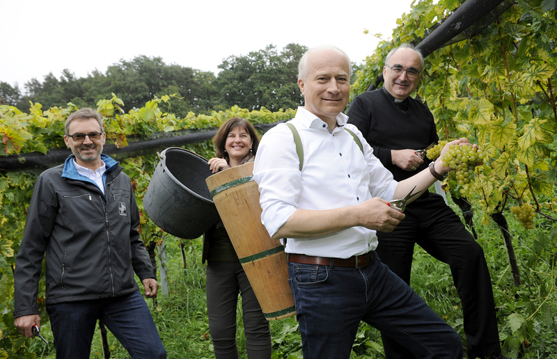 Bei der Weinlese: Reinhold Holler (Direktor Fachschule Silberberg), Andrea Kager-Schwar (Direktorin Schloss Seggau), Landesrat Hans Seitinger und Bischof Wilhelm Krautwaschl.