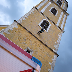 Abseilen vom Kirchturm