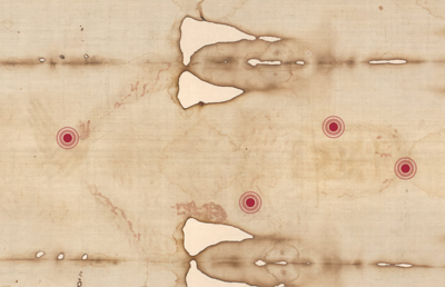 Details des Grabtuches können vergrößert werden, Text- und Audio-Erläuterungen erklären den Zusammenhang mit den Evangelien.