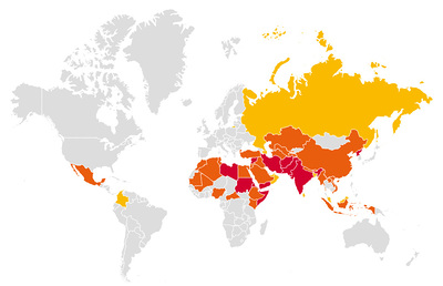 Die Karte  zeigt das Ausmaß der Christenverfolgung im jeweiligen Land: rot - extrem, orange - sehr schwer, gelb - schwer
