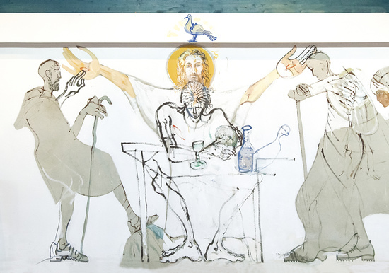 Emmauskapelle Wernersdorf, Bildausschnitt „Emmaus“ von Gerald Brettschuh, Wandmalerei 1993