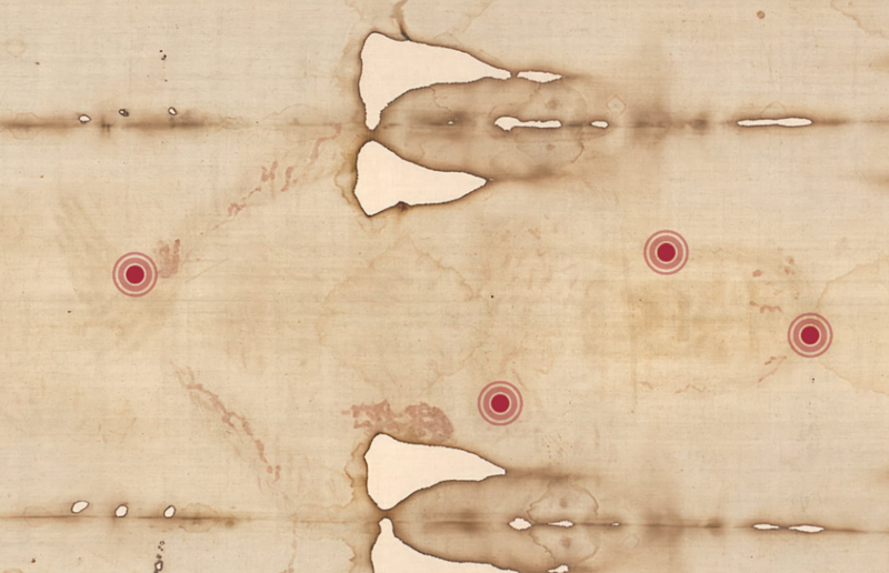 Details des Grabtuches können vergrößert werden, Text- und Audio-Erläuterungen erklären den Zusammenhang mit den Evangelien.