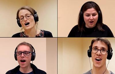 Zum Einstudieren stehen Noten und Audio-Dateien für jede Stimme zur Verfügung.