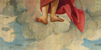 Sehr plastisch ist diese Darstellung von Hans Süß von Kulmbach aus dem frühen 16. Jahrhundert: Von Jesus sind während der Himmelfahrt nur mehr die Beine zu sehen.