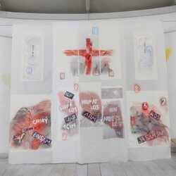 Fastentuch der Pfarre Graz-Hl. Schutzengel - Vor zwanzig Jahren von Kurt Ziesler gestaltet und nach Corona ergänzt