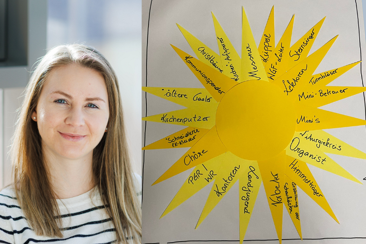 Neuhold/Puster Sandra Puster und die gestaltete 'Engagementsonne', die ehrenamtliche Tätigkeiten sichtbar macht.