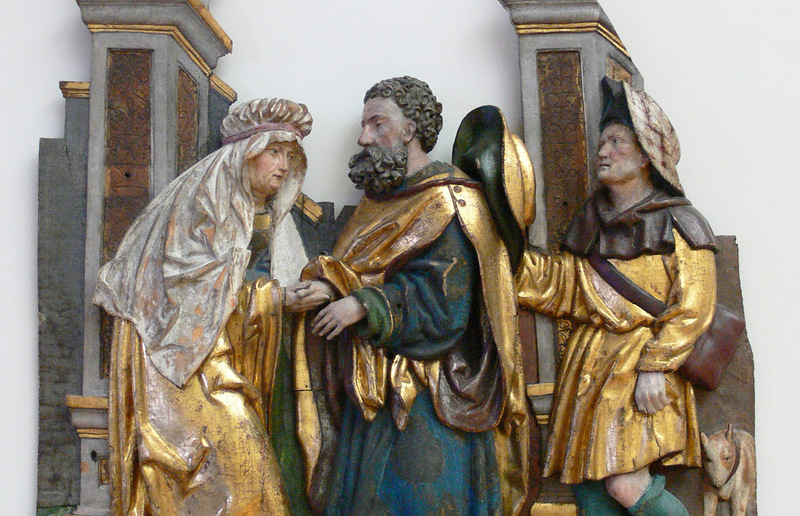 Häufige werden Anna und Joachim bei ihrer Begegnung am Goldenen Tor, so wie in diesem Holzschnitt um 1520, dargestellt. / © Andreas Praefcke, via Wikimedia Commons