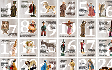 Auf unserem letztjährigen Adventkalender finden Sie das Weihnachtsevangelium, Satz für Satz mit Krippenfiguren ergänzt.
