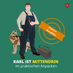 Karl könnte sich eine Mitarbeit im PGR vorstellen, wenn er freundlich aufgenommen wird und seine praktischen Fähigkeiten angefragt werden.