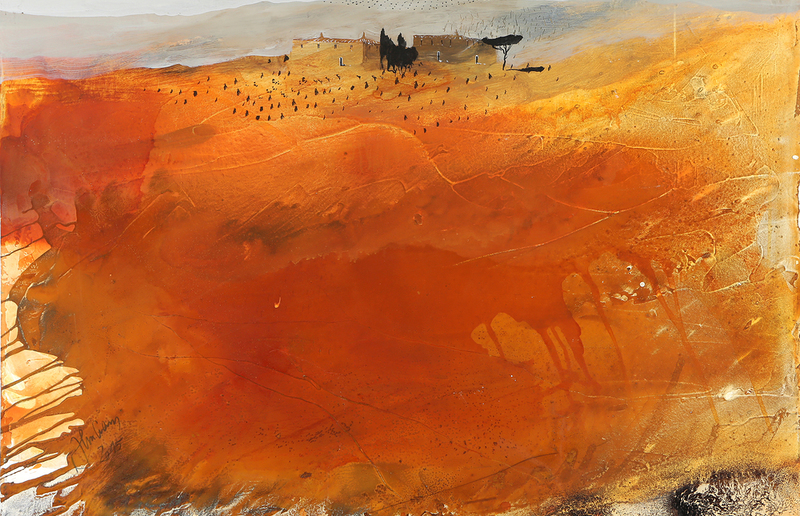 Gerhard Almbauer: 'Toscana', Mischtechnik: Acryl, Rost auf Karton, 2015 - nur eines der 82 Bilder steirischer Künstler, die in Fernitz versteigert werden.