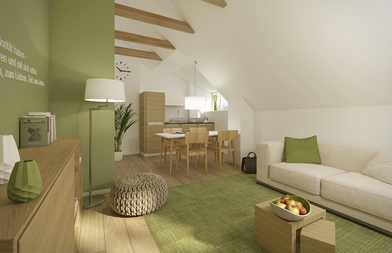 Naturbelassene Vollholzmöbel prägen die Innenräume der Appartements. / Visualisierung: AppDG
