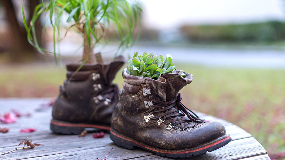 Innsbruck, Österreich – 7. November 2021:  Wanderschuhe im Garten des Jesuitenkollegs, welches auch von der Zukunftswerkstatt genutzt wird.HINWEIS: ALLE RECHTE  DER ABGEBILDETEN PERSONEN SIND ZUR VERWENDUNG IM RAHMEN JESUITISCHER ARBEIT FREIGEGEBEN